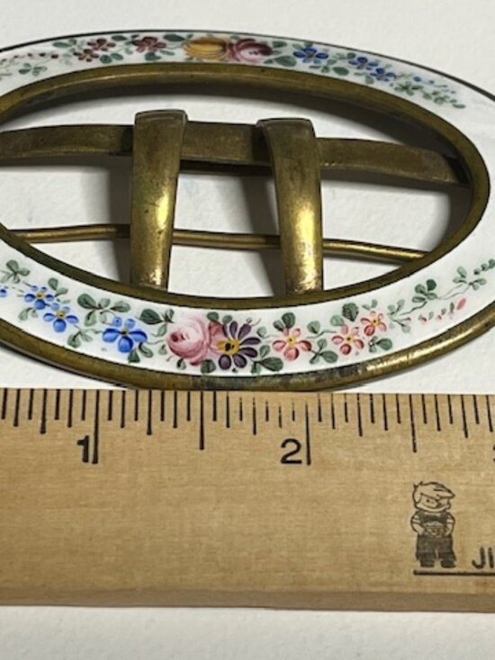 VTG Oval Enamel Floral & Brass Belt Scarf Belt Buckle Hand-Painted 3.5\